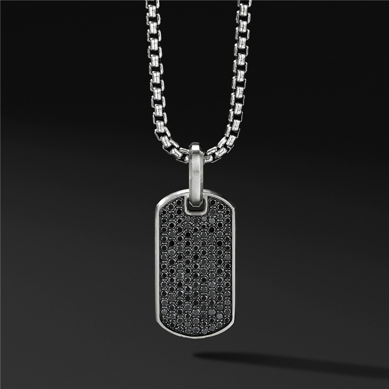 Stainless Steel Black Dog Tag CNC Zircon Diamond Pendant Necklace Mens Jewelry