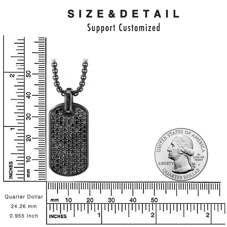 Stainless Steel Black Dog Tag CNC Zircon Diamond Pendant Necklace Mens Jewelry