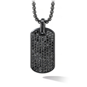 Stainless Steel Black Dog Tag CNC Zircon Diamond Pendant Necklace Mens Jewelry