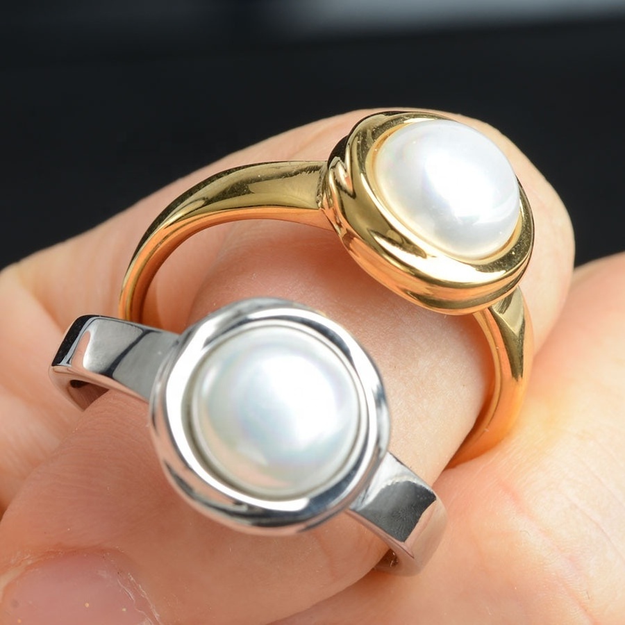 18K Gold Round Cultured Pearl Ring Jewelry Making Fashion Mother of Pearl Rings For Women