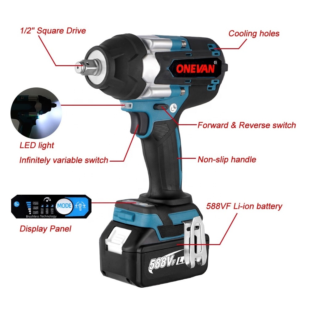 1800N.M Torque Brushless Electric Impact Wrench with 588VF Battery 1/2