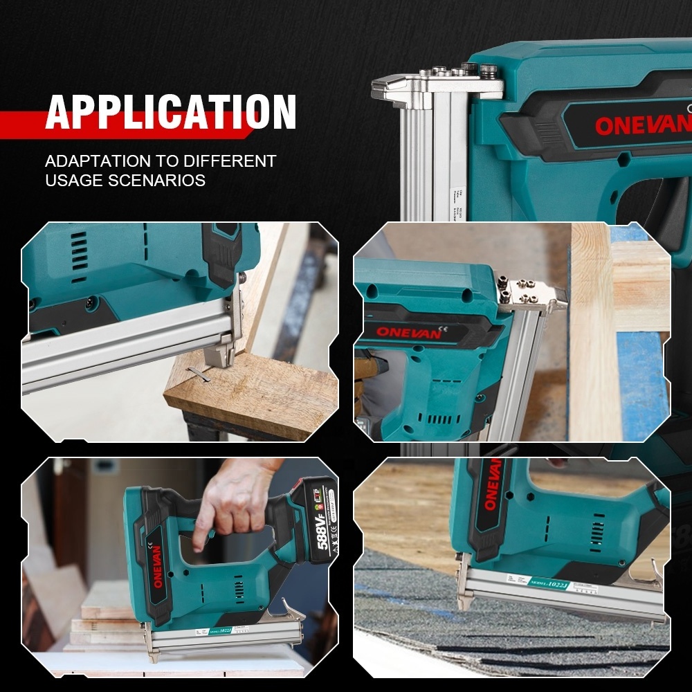 ONEVAN 1022J 2Gears Brushless Cordless Electric Nailer Stapler Furniture Staple Gun Woodworking Tools For Makita Battery