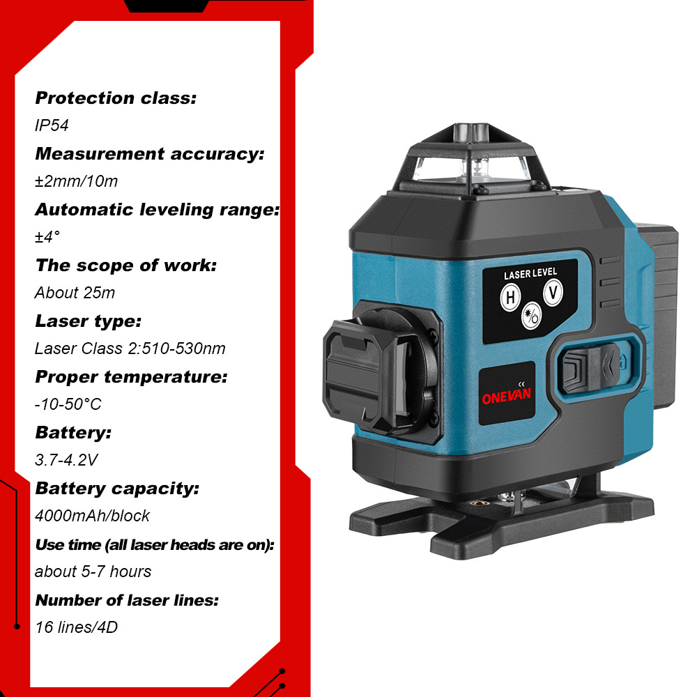 4D 16 Line Laser Level 2x4000mah Battery 360 Horizontal Vertical Cross Light Laser Level Self-Leveling Measure Laser Beam