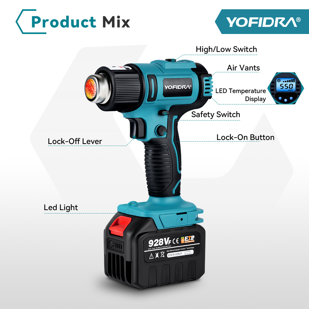 1000w Heat Gun.high_low 2 Gears.wind Speed 6 Gear.led Temperature Display.cordless Hot Air Gun For Makita Battery