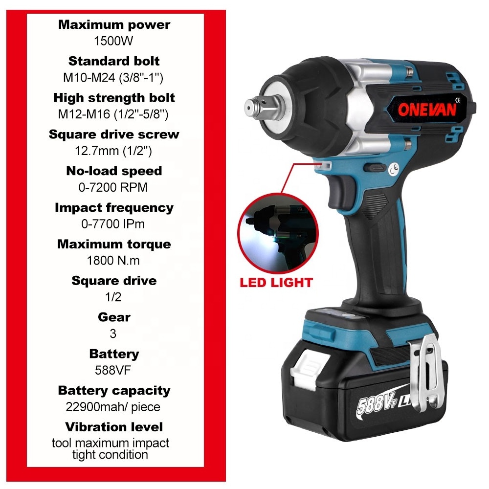 1800N.M Torque Brushless Electric Impact Wrench with 588VF Battery 1/2