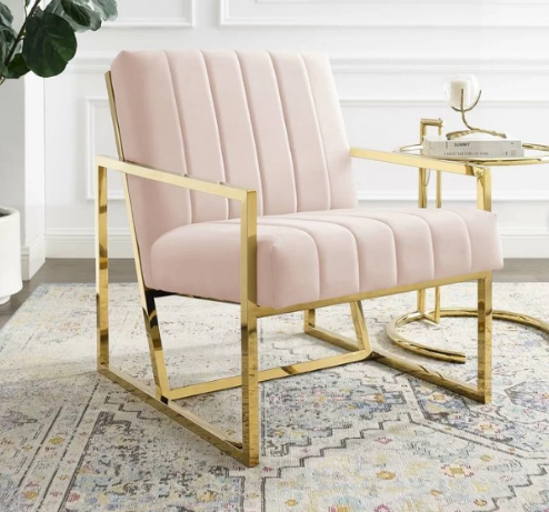 Modern design brass gold stainless steel frame blush pink velvet accent chair