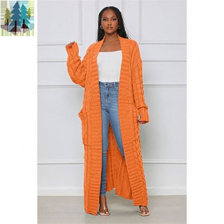 twist knitted cardigan coat 2021 autumn and winter new European Solid color pocket long and American sweater women