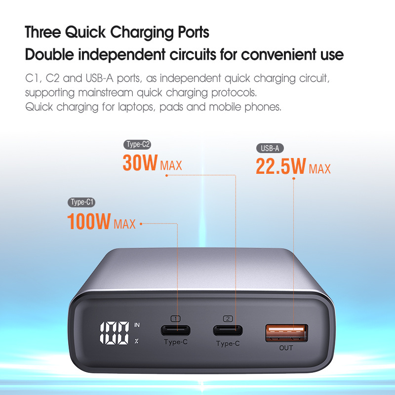 Portable Laptop charger 20000mah Mini Powerbank 45W 65W PD 3.0 Fast charge 100W PD power bank for USB-C Laptops MacBook Pro iPad