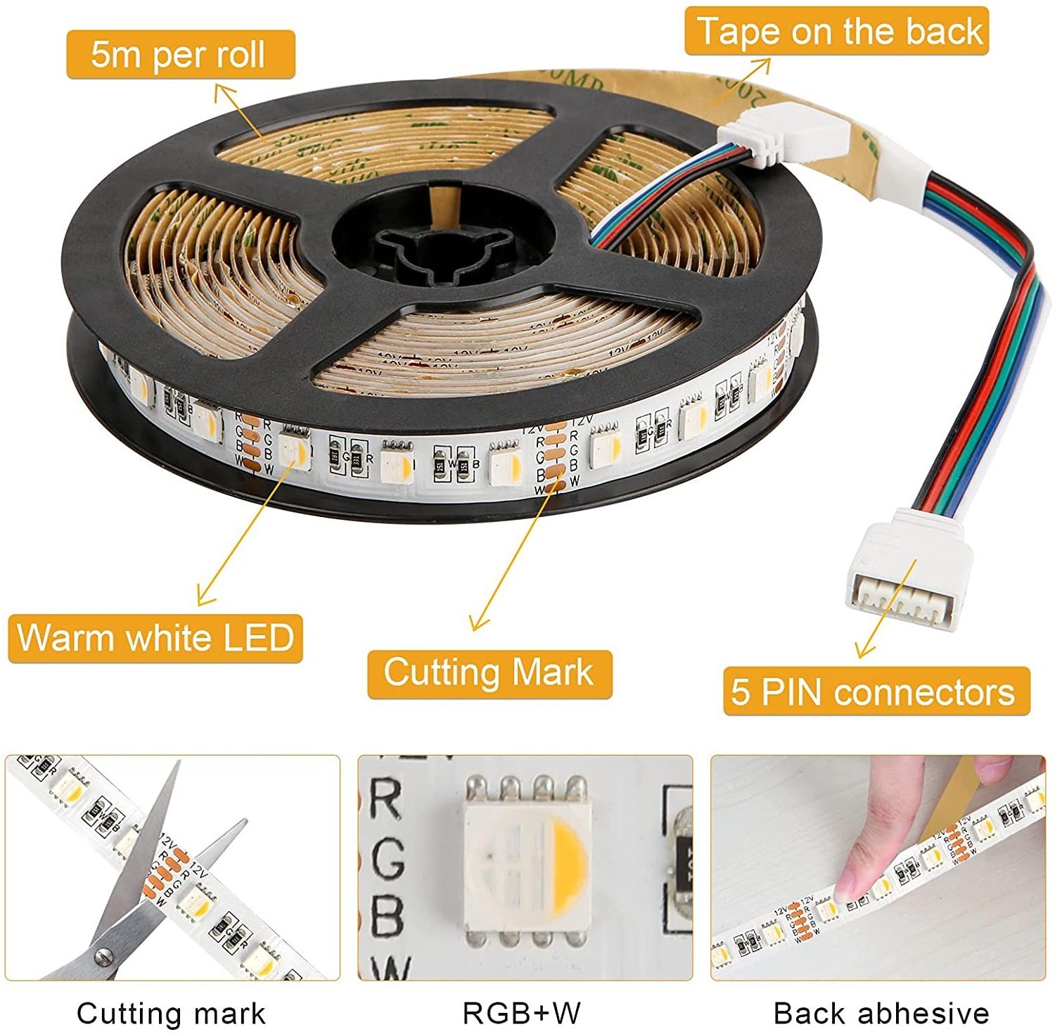 5m RGBW/RGBWW DC 12V 24V LED Strip 4 color in 1 chip 60Leds/m Waterproof SMD 5050 Flexible Ribbon LED Light