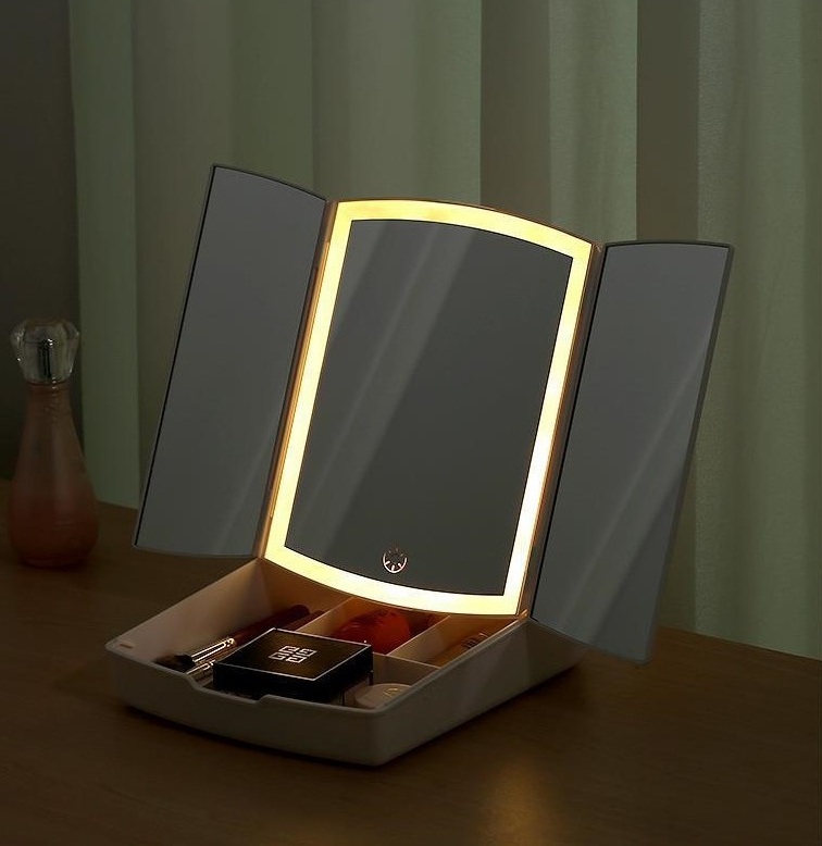 tri-fold cosmetic magnifying table stand rectangle makeup mirror white led 3 sided mirror with storage organizer box