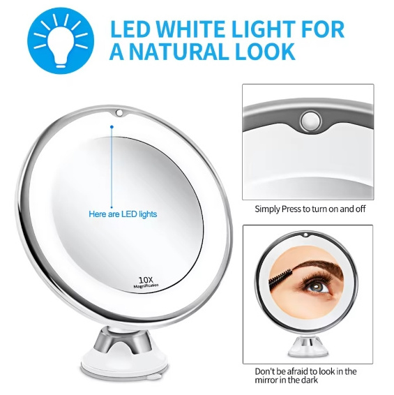 12cm Makeup Mirror with LED Fill Light 10X Magnification Suction Cup Beauty Mirror