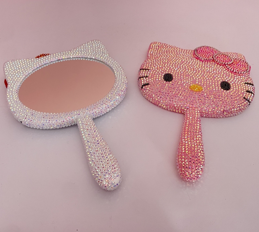 Hello Kitty Style Swivel Desktop Makeup Mirror Pocket Travel with Diamond Cosmetic Mirror Portable Handheld Mini Cute Silver