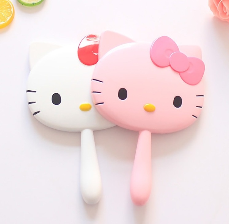 Hello Kitty Style Swivel Desktop Makeup Mirror Pocket Travel with Diamond Cosmetic Mirror Portable Handheld Mini Cute Silver