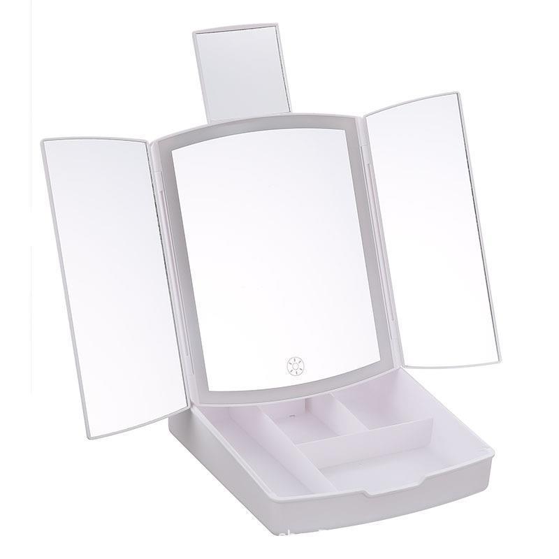 tri-fold cosmetic magnifying table stand rectangle makeup mirror white led 3 sided mirror with storage organizer box