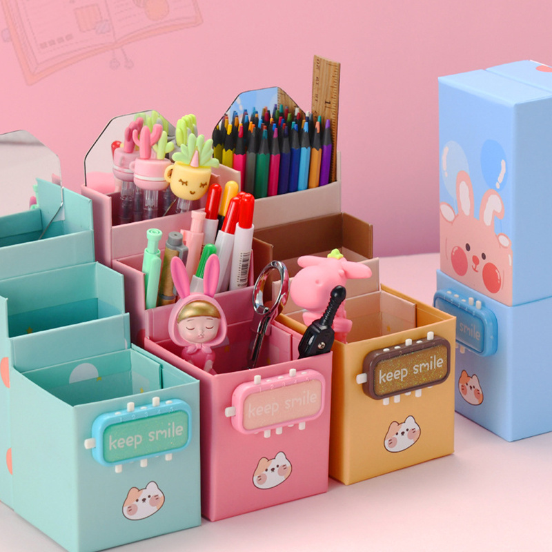 kawaii cartoon Pencil Case animals lock password Pen Holder  Phone Stand Desk Organiser Foldable Pencil Box