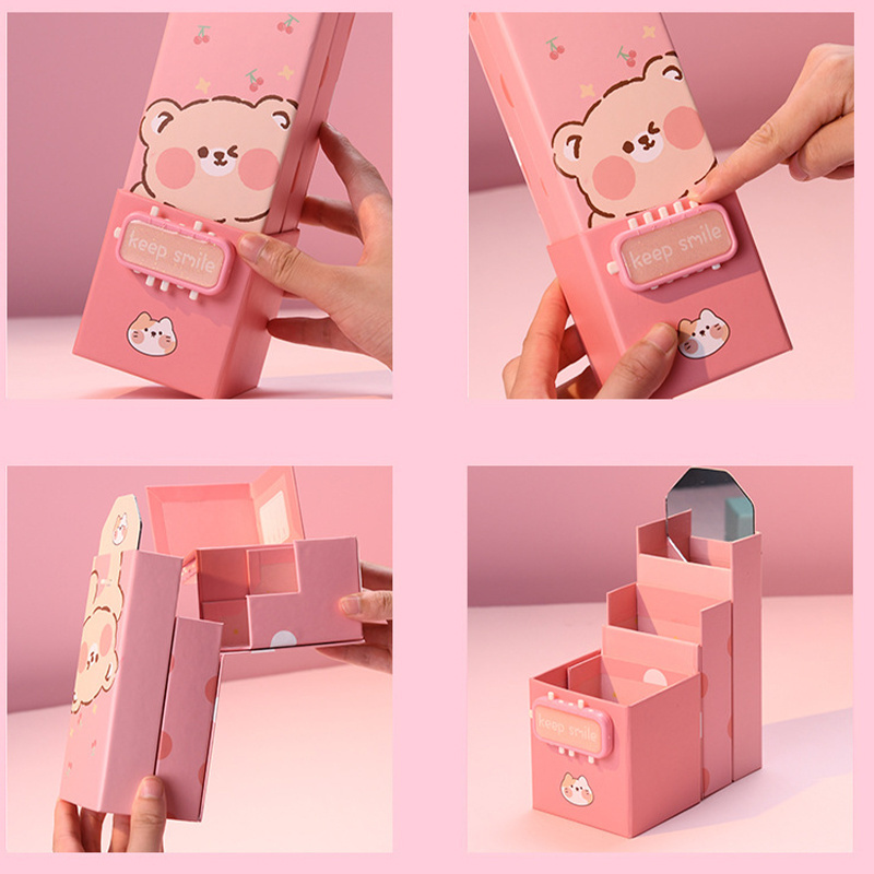 kawaii cartoon Pencil Case animals lock password Pen Holder  Phone Stand Desk Organiser Foldable Pencil Box