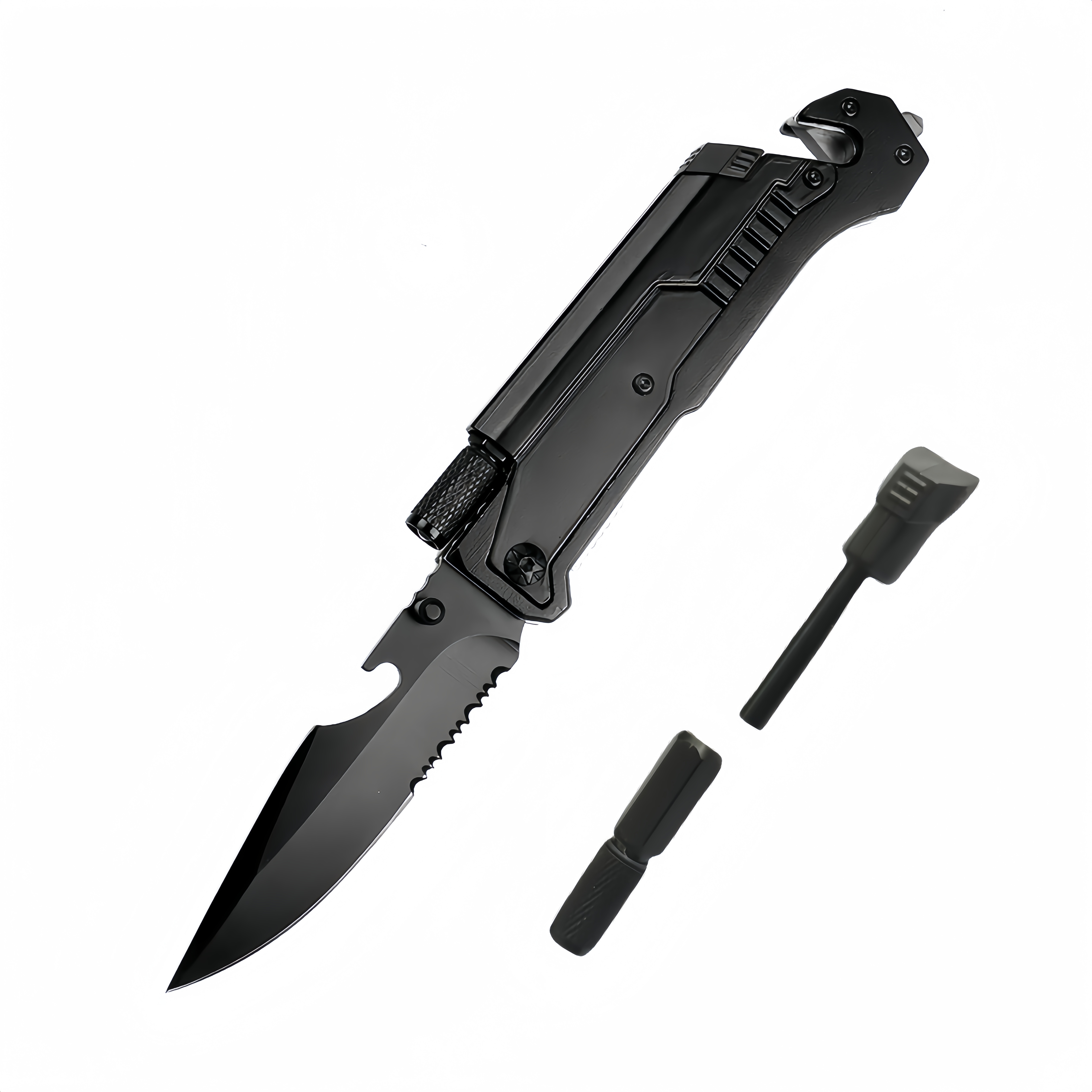 7 in 1 Outdoor camping multifunction folding Aluminum handle with fire starter led light outdoor survival EDC pocket knife