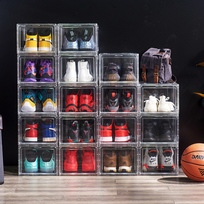 Wholesale Transparent Plastic Sneaker Stackable Shoe Storage Boxes Drop Front Acrylic Drawer Type Magnetic Clear Shoe Box