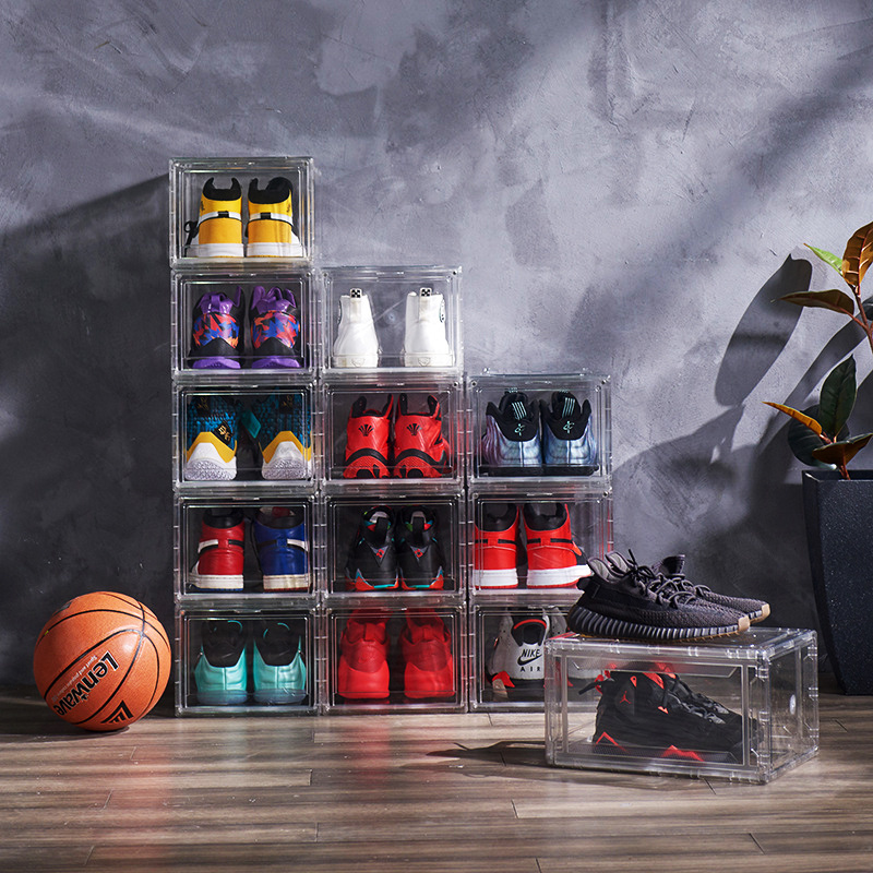 Wholesale Transparent Plastic Sneaker Stackable Shoe Storage Boxes Drop Front Acrylic Drawer Type Magnetic Clear Shoe Box