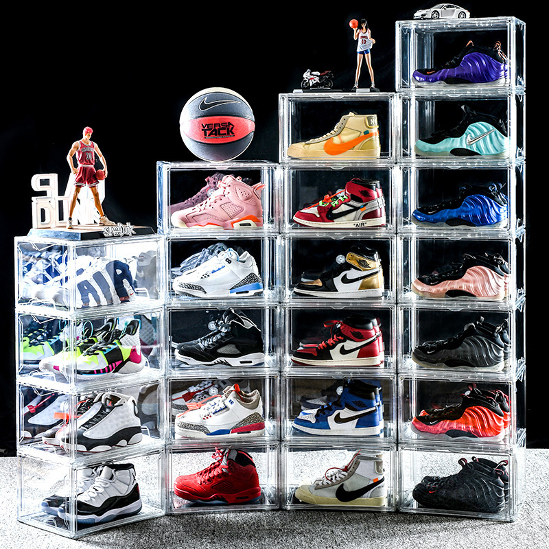 Side Drop Large Size Shoe Organizer Box Black Plastic Stackable Shoe Storage Bins Space Saving Shoe Holder Sneaker Display Case