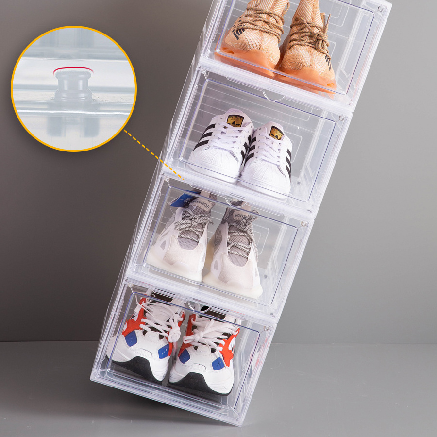 Front  Open Drop Door Steady Stackable Simple Assemble Custom Sneakers Foldable Clear Shoe Storage Box With Magnetic Door