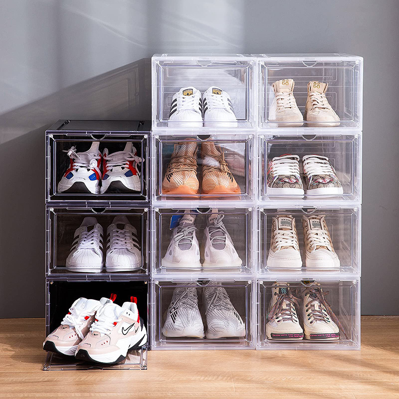 Front  Open Drop Door Steady Stackable Simple Assemble Custom Sneakers Foldable Clear Shoe Storage Box With Magnetic Door