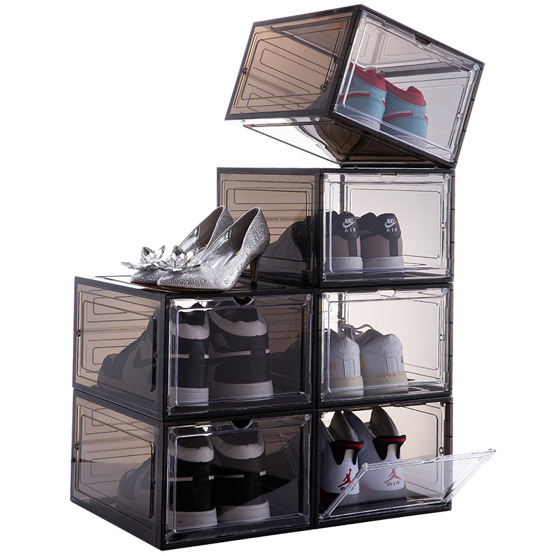 Front  Open Drop Door Steady Stackable Simple Assemble Custom Sneakers Foldable Clear Shoe Storage Box With Magnetic Door