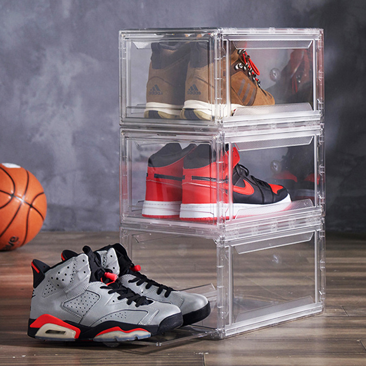 Wholesale Shoe Organizers Storage Box Magnetic Drop Front Foldable Acrylic Shoebox Transparent Stackable Plastic Shoe Boxes