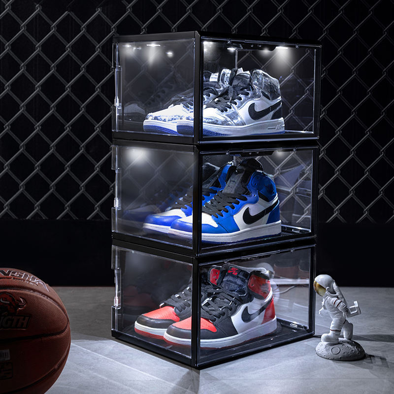 Wholesale Drop Side Magnetic Sports Sneakers Organizers Shoebox LED Light Display Storage Container Shoe Box with LED