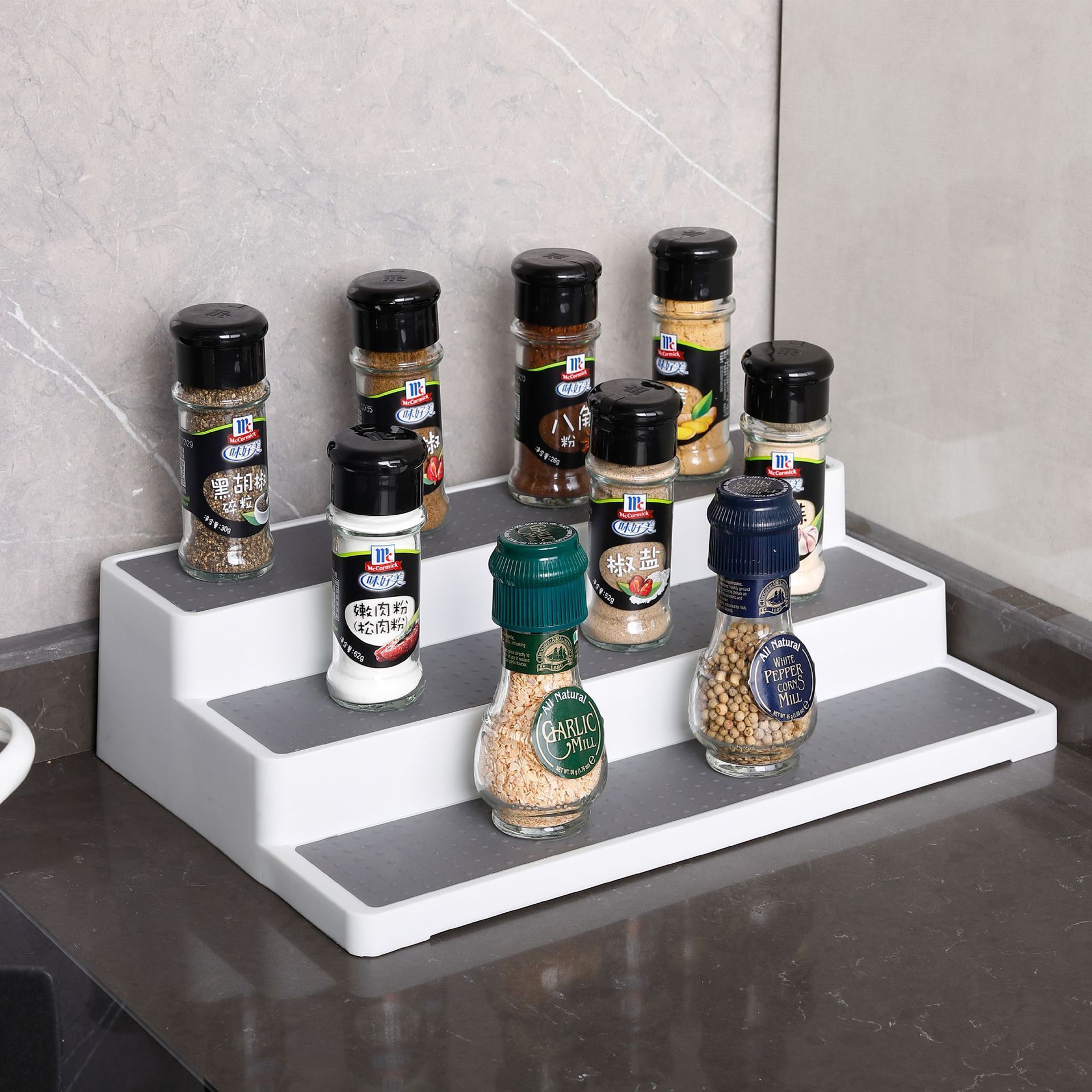 Modern Design Waterproof and Non Skid Kitchen Spice Jar Shelf 3-Tier Spice Rack Organizer for Pantry Cabinet Countertop