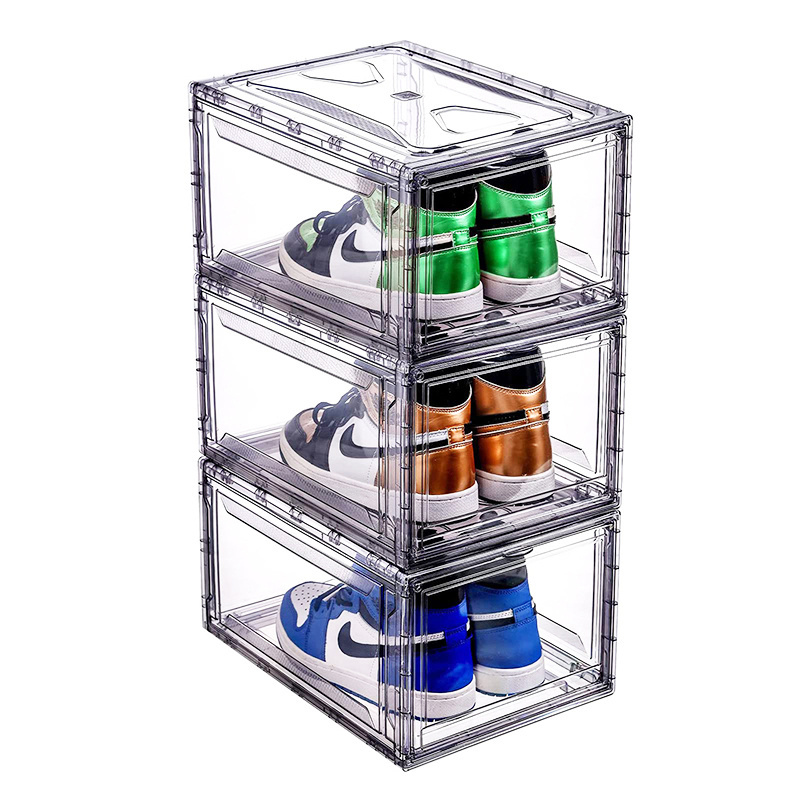 Wholesale Shoe Organizers Storage Box Magnetic Drop Front Foldable Acrylic Shoebox Transparent Stackable Plastic Shoe Boxes