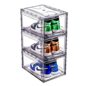 Wholesale Shoe Organizers Storage Box Magnetic Drop Front Foldable Acrylic Shoebox Transparent Stackable Plastic Shoe Boxes