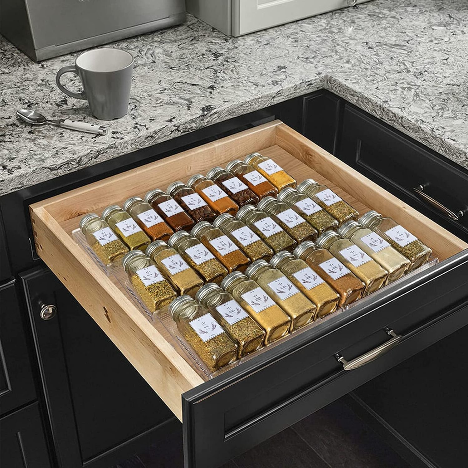 Expandable 3 Slanted Tier Seasoning Organizer Spice Drawer Organizer Plastic Spice Rack Organizer for Drawer Cabinet