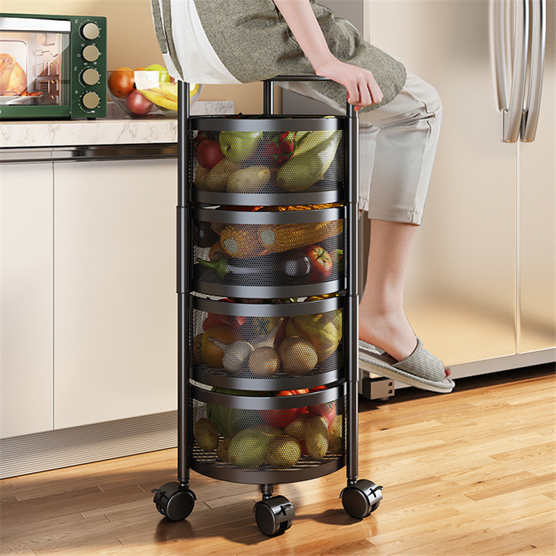 4 Tier Round Kitchen Storage Cart Rack Rotating Fruit Vegetable Storage Basket Encrypted Wire Mesh Basket Kitchen Shelf On Wheel