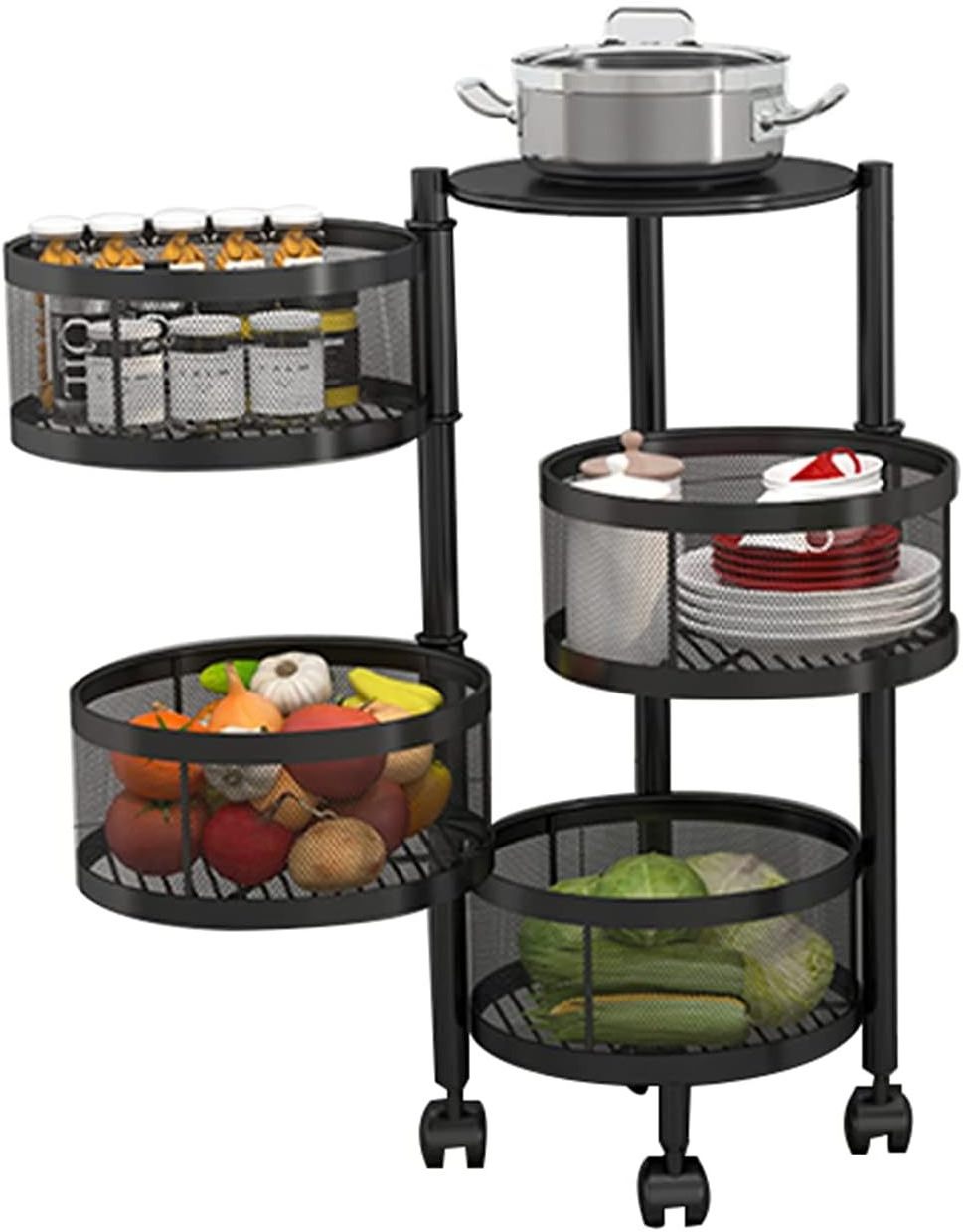 4 Tier Round Kitchen Storage Cart Rack Rotating Fruit Vegetable Storage Basket Encrypted Wire Mesh Basket Kitchen Shelf On Wheel