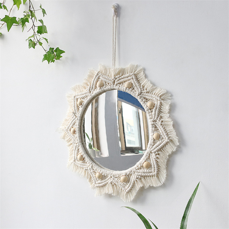 Boho Mirror Home Decor Aesthetic Macrame Wall Hanging Decorative Wall Mirrors For Apartment Livingroom Bedroom Room Decoration