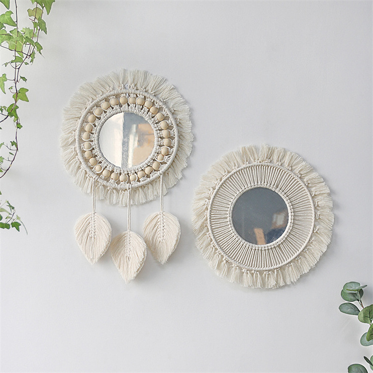 Boho Mirror Home Decor Aesthetic Macrame Wall Hanging Decorative Wall Mirrors For Apartment Livingroom Bedroom Room Decoration