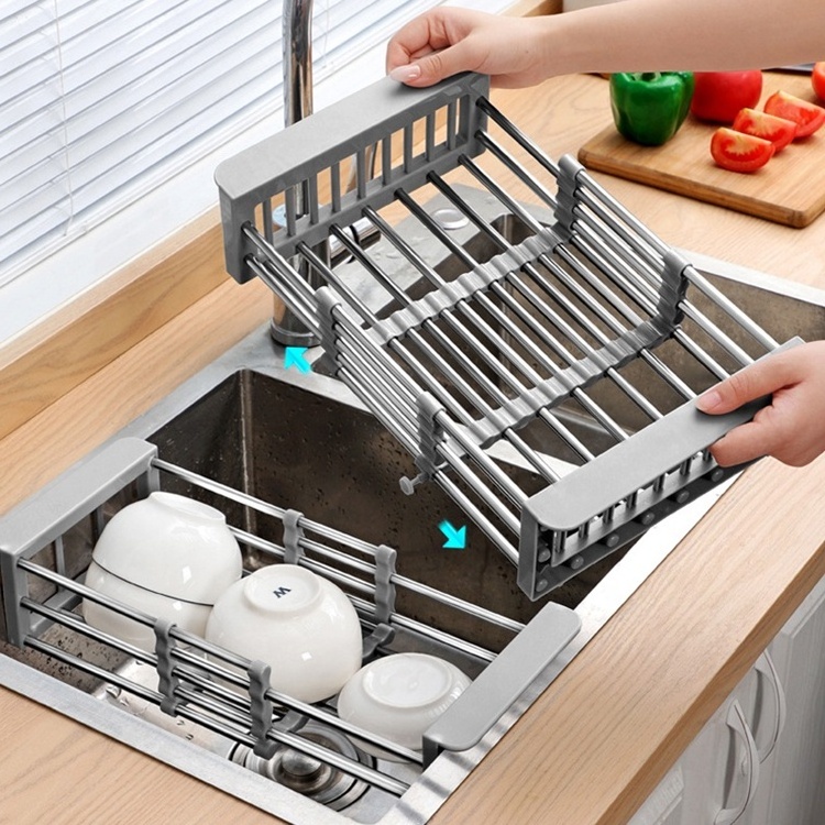 Adjustable Stainless Steel Sink Rack Fruit Vegetable Drainer Tableware Filter Storage Kitchen Retractable Dish Draining Rack