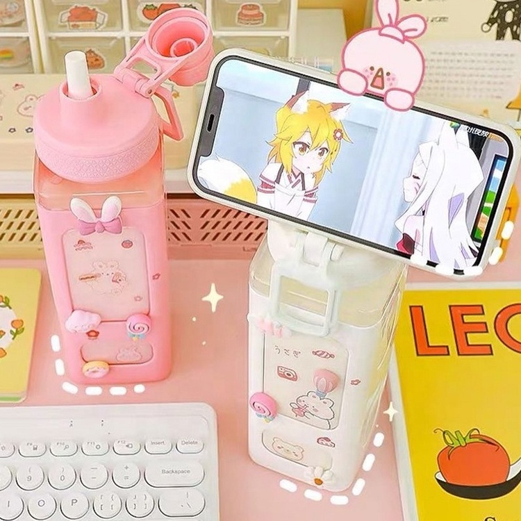 Kawaii Bear Pastel Water Bottle With 3D Sticker 700ml/900ml Plastic Travel Tea Juice Milk Portable Cute Shaker Drink Bottle Gift