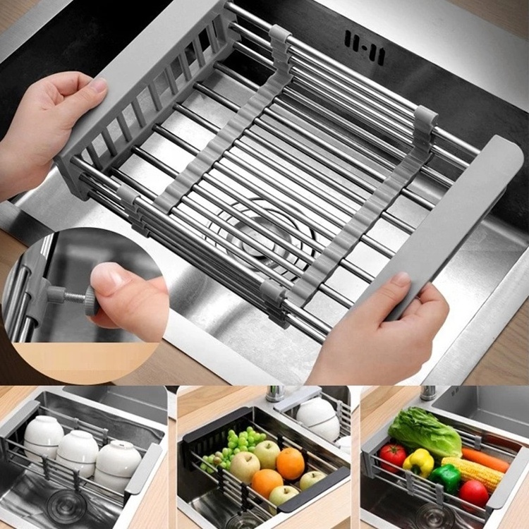 Adjustable Stainless Steel Sink Rack Fruit Vegetable Drainer Tableware Filter Storage Kitchen Retractable Dish Draining Rack