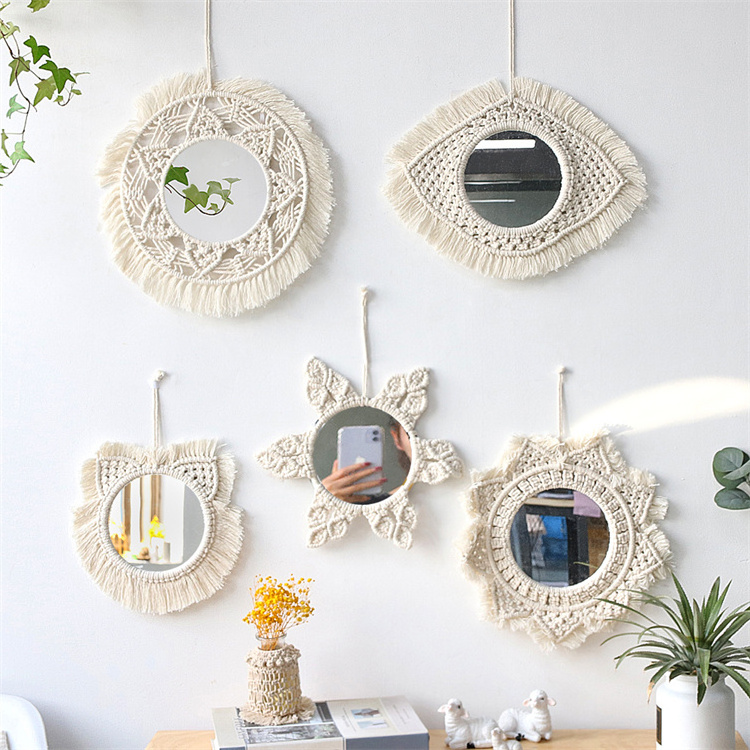 Boho Mirror Home Decor Aesthetic Macrame Wall Hanging Decorative Wall Mirrors For Apartment Livingroom Bedroom Room Decoration