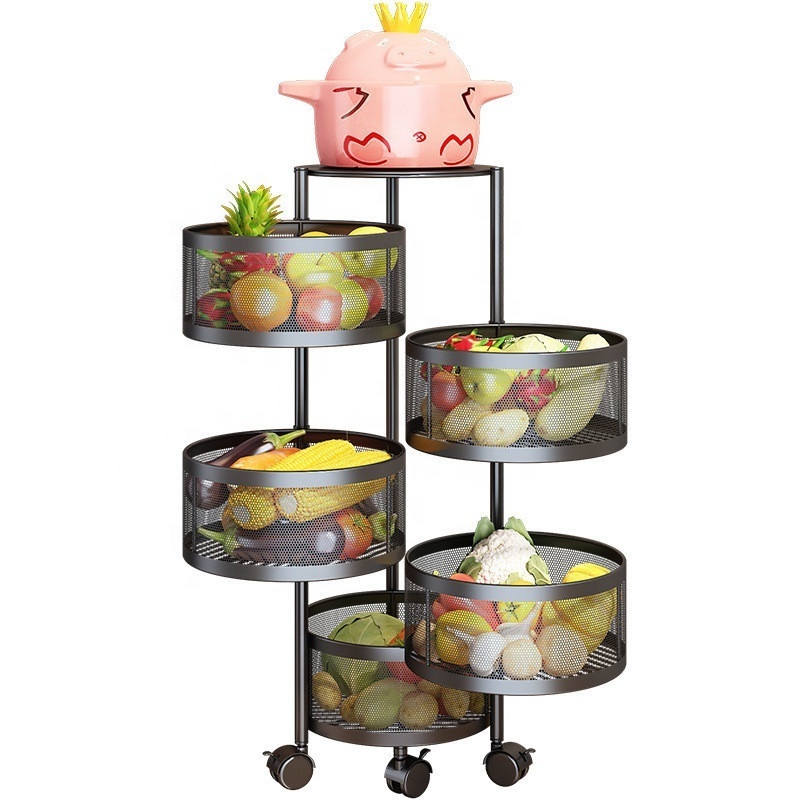 4 Tier Round Kitchen Storage Cart Rack Rotating Fruit Vegetable Storage Basket Encrypted Wire Mesh Basket Kitchen Shelf On Wheel