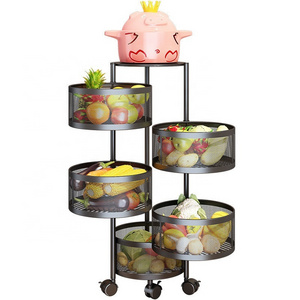 4 Tier Round Kitchen Storage Cart Rack Rotating Fruit Vegetable Storage Basket Encrypted Wire Mesh Basket Kitchen Shelf On Wheel