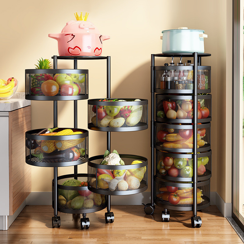 4 Tier Round Kitchen Storage Cart Rack Rotating Fruit Vegetable Storage Basket Encrypted Wire Mesh Basket Kitchen Shelf On Wheel