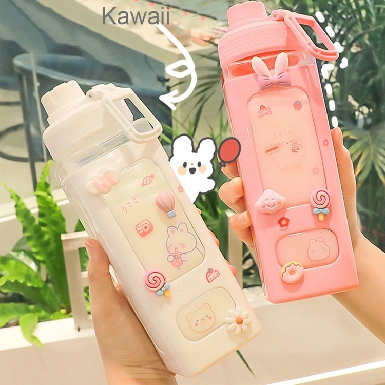 Kawaii Bear Pastel Water Bottle With 3D Sticker 700ml/900ml Plastic Travel Tea Juice Milk Portable Cute Shaker Drink Bottle Gift