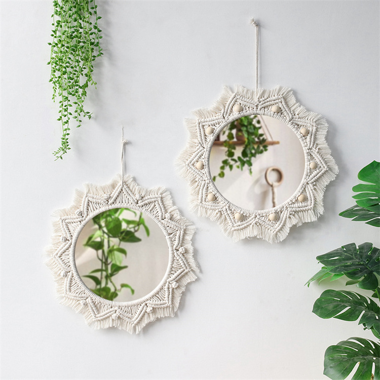 Boho Mirror Home Decor Aesthetic Macrame Wall Hanging Decorative Wall Mirrors For Apartment Livingroom Bedroom Room Decoration