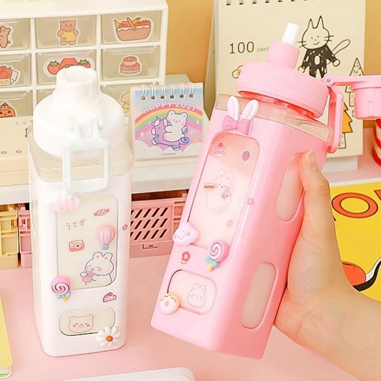 Kawaii Bear Pastel Water Bottle With 3D Sticker 700ml/900ml Plastic Travel Tea Juice Milk Portable Cute Shaker Drink Bottle Gift