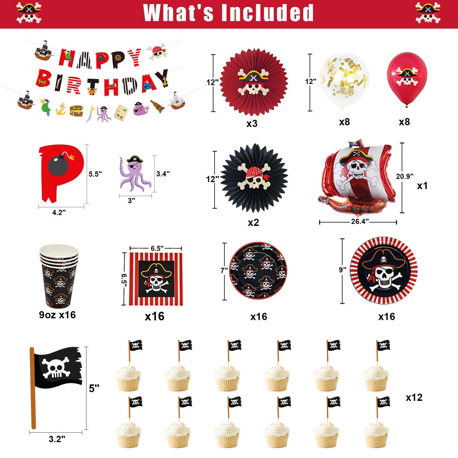 Pirate themed party supplies Birthday banner latex balloon cake topper paper plate cup fan disposable tableware decoration set