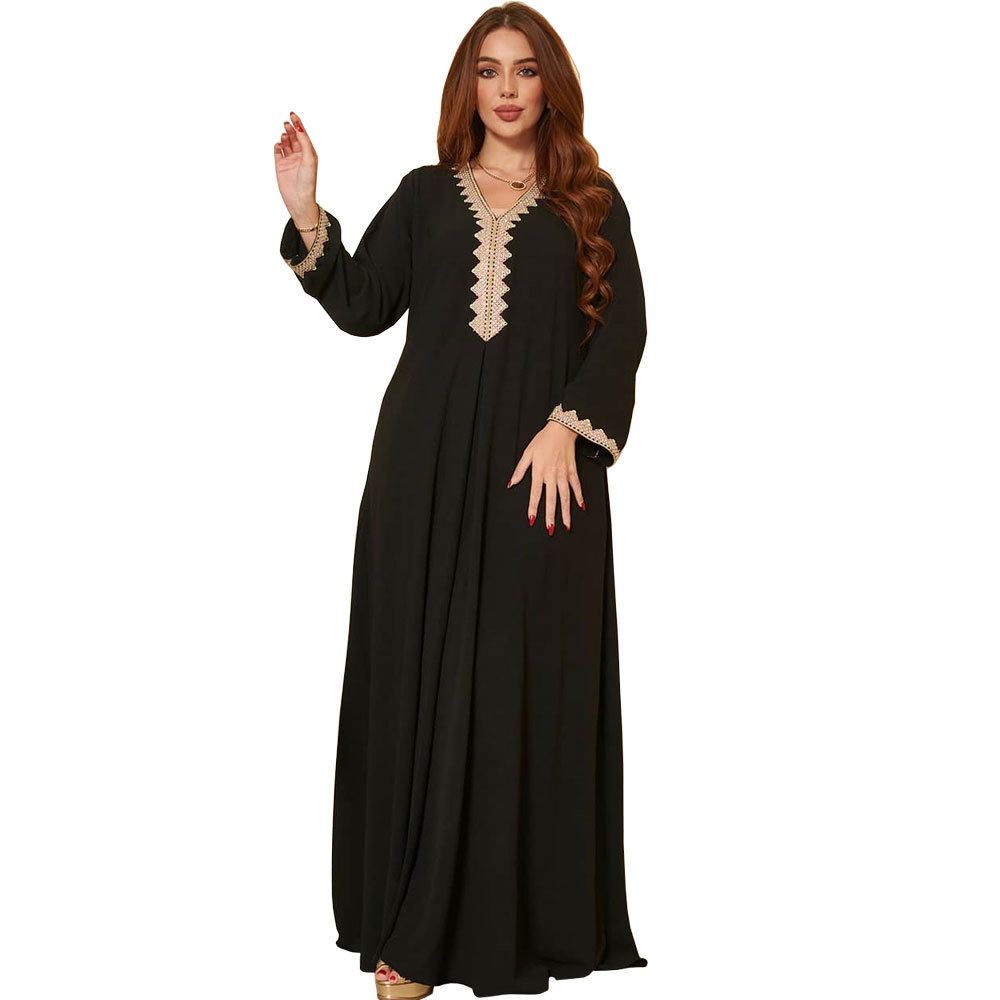 Best Sale Elegant Long Sleeve Spring Islam Solid Color Fashion Lace Hijab Ethnic Women's Large Swing Dress Muslim  Long Dresses