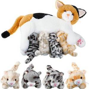 Nurturing Cat Stuffed Animal with Plush Kittens, for Girls and Boys Plushy Kitty Mommy Cat with 4 Baby Cats for Birthday Party